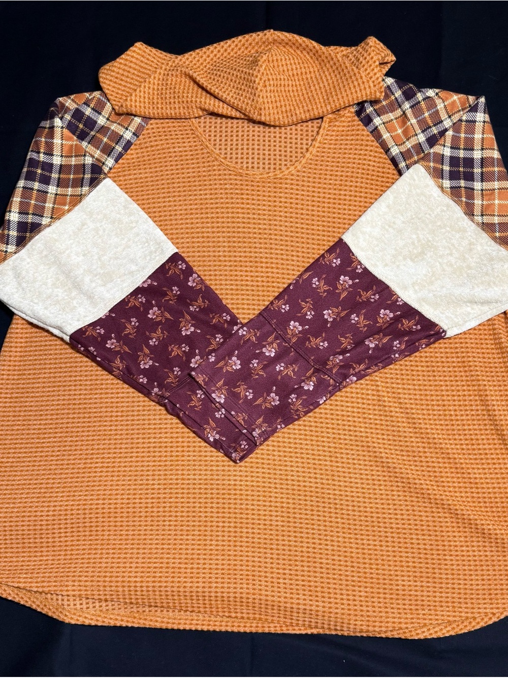 Cato Orange Waffle Knit Colorblock Hoodie with Plaid & Floral Sleeves